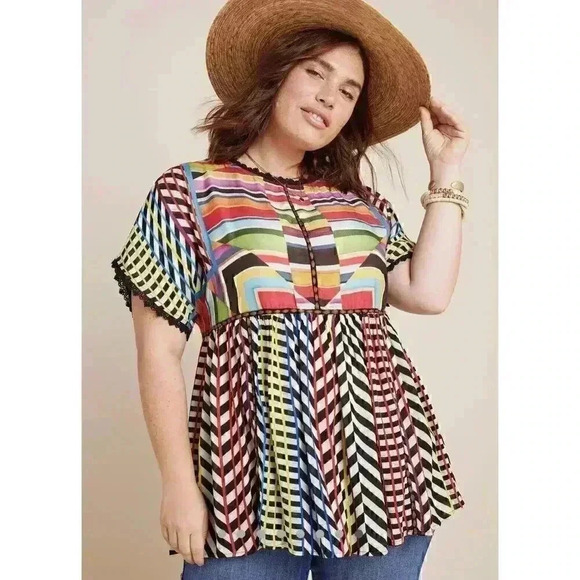 Anthropologie Short Sleeve Shirt Embroidered Flowy Tunic Top Colorful Boho Art - Picture 6 of 8